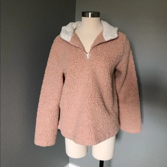 Coeur de Vague Blush Fluffy Quarter-Zip Plush Hoodie Fleece Sweatshirts - Picture 8 of 16
